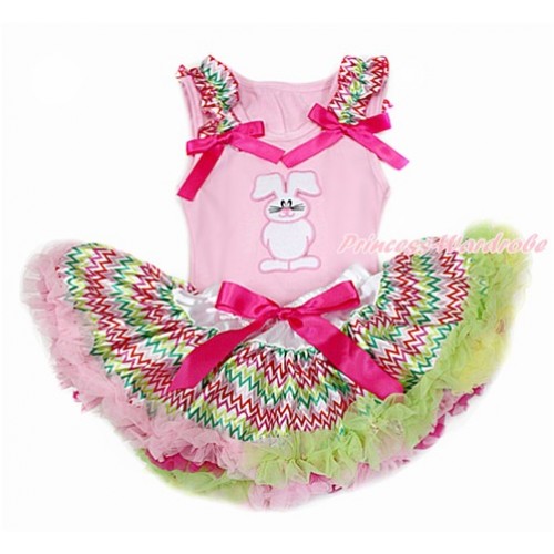 Easter Light Pink Baby Pettitop with Rainbow Wave Ruffles & Hot Pink Bow with Bunny Rabbit Print with Rainbow Wave Newborn Pettiskirt BG133 